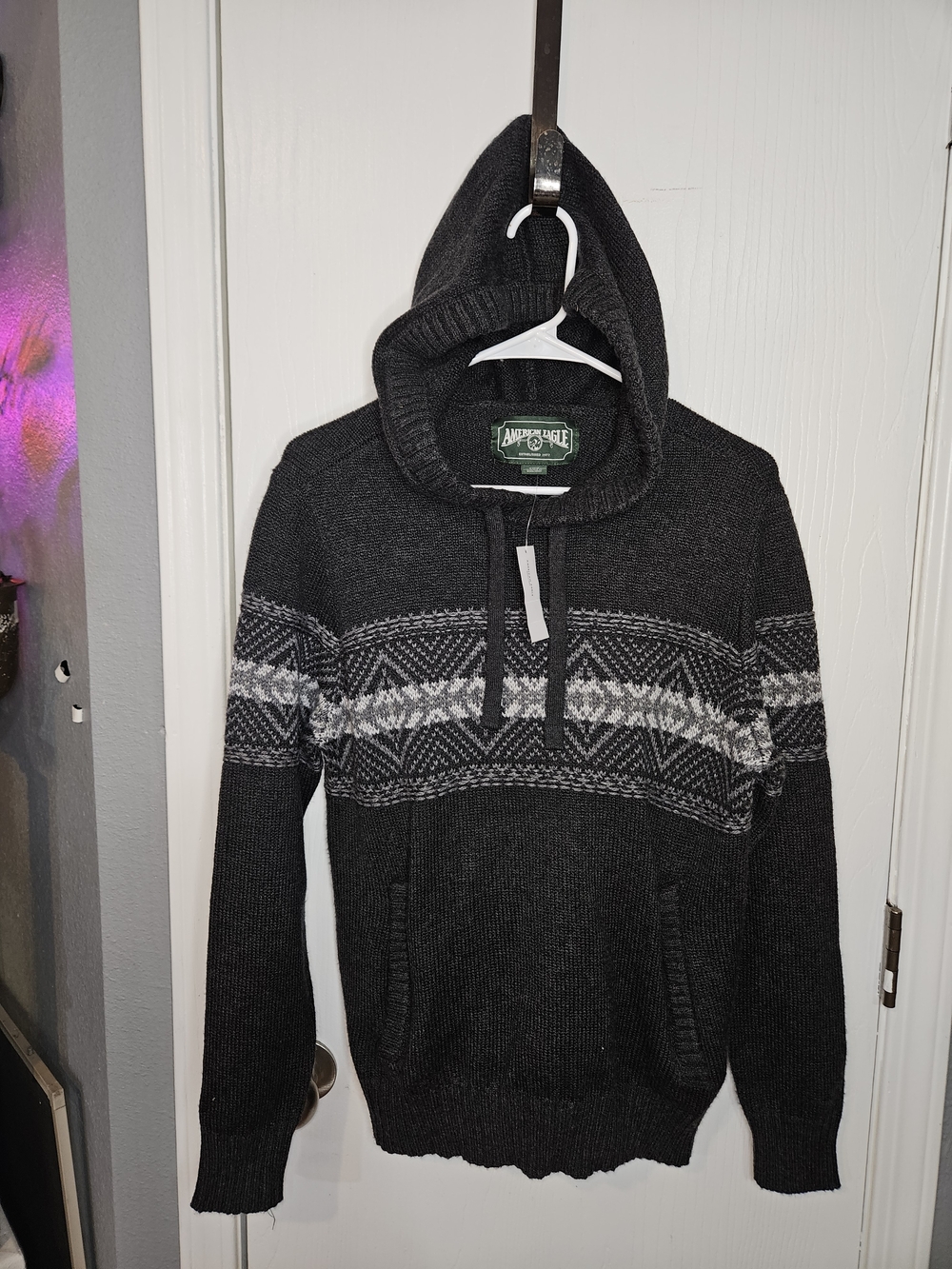 American Eagle Outfitters Black Hooded Sweater with Gray Fair Isle Detail